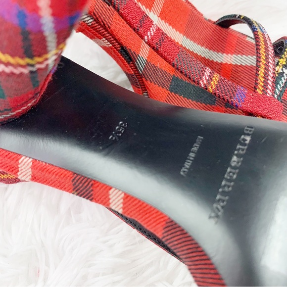 Burberry Red Checkered Canvas T Strap Sandals Tartan Wool Cone-heel Size 35.5 - Picture 4 of 12